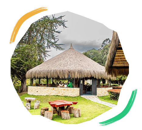 Zona al aire libre con mesas rústicas y kiosko de techo en palma en Parrilla Campestre, rodeado de verde y perfecto para disfrutar una parrillada en La Calera.