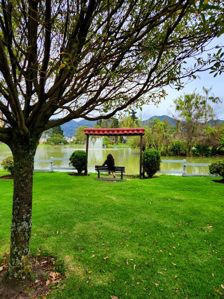 Mujer sentada sola en una banca frente a un lago con fuente, rodeada de árboles, pasto verde y montañas al fondo, en un parque tranquilo ideal para desconectarse y disfrutar de la naturaleza o hacer asado cerca de Bogotá.